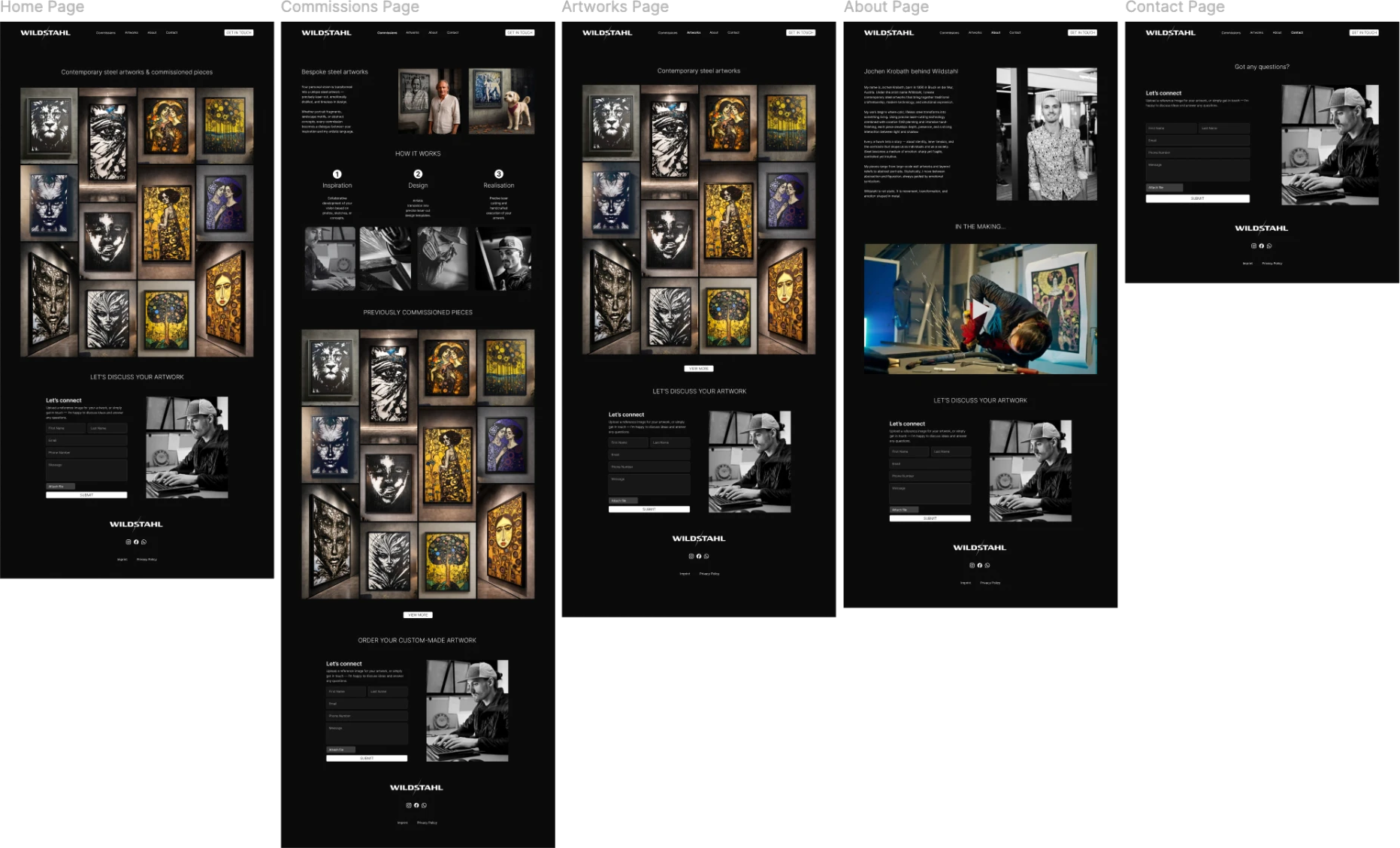 Wildstahl Figma designs: home, commissions, artworks, about and contact pages