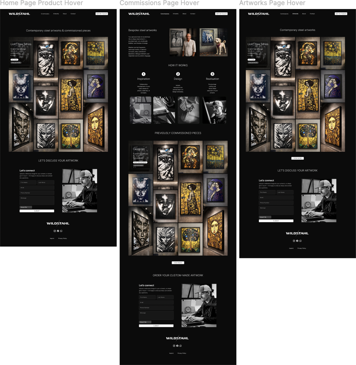 Wildstahl Figma hover states for home, commissions and artworks pages