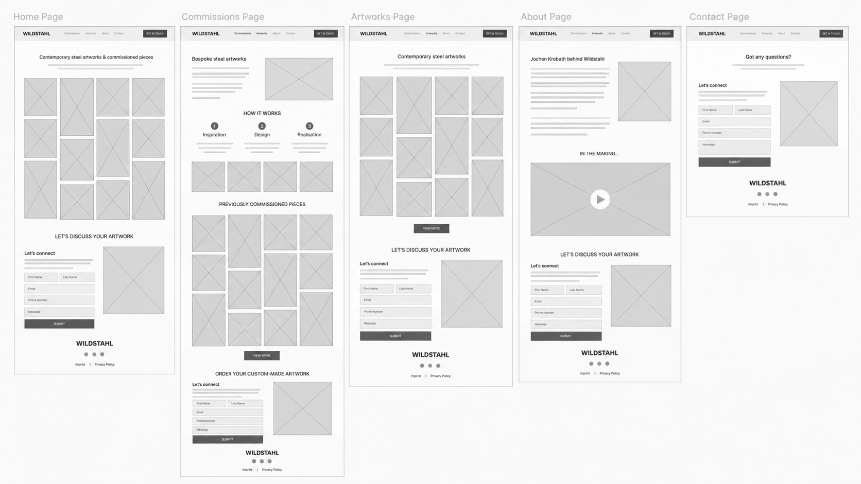 Wildstahl grayscale wireframes for every page